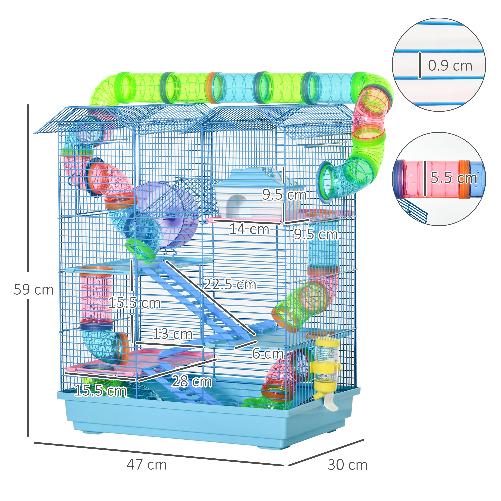 PawHut-Gabbia-per-Criceti-e-Roditori-a-5-Piani-con-Tubi-Colorati-Ruota-Casetta-e-Accessori-Inclusi-Blu-47x30x59cm