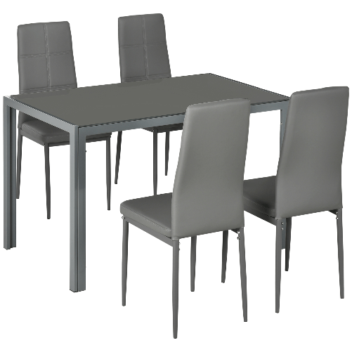 HOMCOM-Set-da-Pranzo-5-Pezzi-con-1-Tavolo-da-Pranzo-e-4-Sedie-Moderne-in-Similpelle-Metallo-e-Vetro-Temperato-Grigio