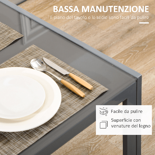 HOMCOM-Set-da-Pranzo-5-Pezzi-con-1-Tavolo-da-Pranzo-e-4-Sedie-Moderne-in-Similpelle-Metallo-e-Vetro-Temperato-Grigio