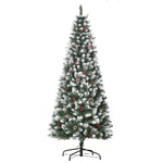 HOMCOM Albero di Natale Innevato Artificiale 180cm con Bacche Rosse e Pigne Bianche, Base Rimovibile Pieghevole, 618 Rami