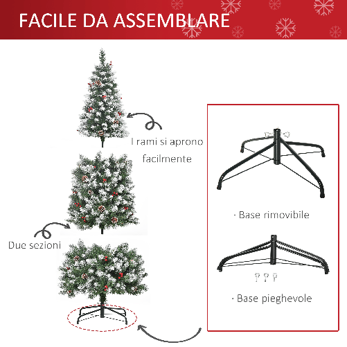 HOMCOM-Albero-di-Natale-Innevato-Artificiale-180cm-con-Bacche-Rosse-e-Pigne-Bianche-Base-Rimovibile-Pieghevole-618-Rami