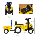 HOMCOM-Trattore-Giocattolo-per-Bambini-Cavalcabile-con-Rimorchio-Rastrello-e-Pala-Gioco-Educativo-per-Bimbi-12-36-Mesi-91x29x44cm-Giallo