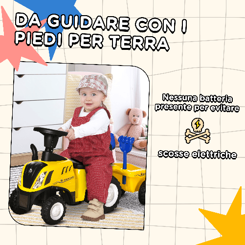 HOMCOM-Trattore-Giocattolo-per-Bambini-Cavalcabile-con-Rimorchio-Rastrello-e-Pala-Gioco-Educativo-per-Bimbi-12-36-Mesi-91x29x44cm-Giallo