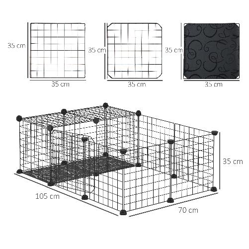 PawHut-Recinto-per-Conigli-e-Porcellini-d-India-Modulabile-con-Accessori-Montaggio-105x70x35cm---Nero