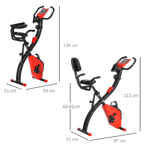 HOMCOM-Cyclette-Pieghevole-2-in-1-Resistenza-Magnetica-Regolabile-8-Livelli-Bici-da-Fitness-con-Sensore-di-Frequenza-Cardiaca-Elastici-per-Braccia-Schermo-LCD-Rosso