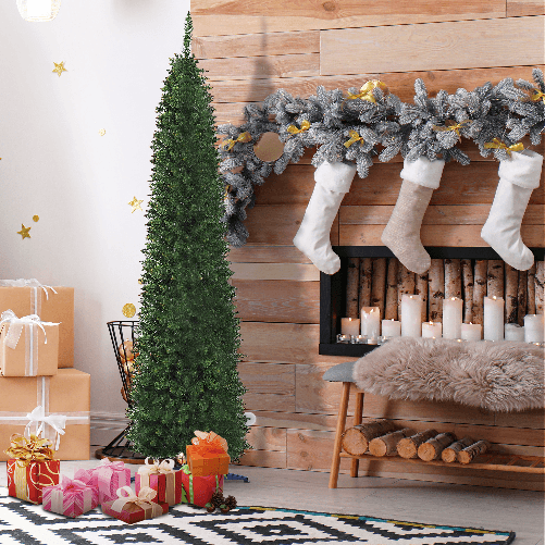 HOMCOM-Albero-di-Natale-Artificiale-in-PVC-con-Base-in-Plastica-Design-Alto-e-Stretto-210cm---Verde