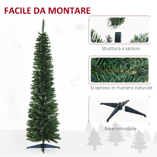 HOMCOM-Albero-di-Natale-Artificiale-in-PVC-con-Base-in-Plastica-Design-Alto-e-Stretto-210cm---Verde