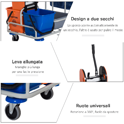 HOMCOM-Carrello-per-Pulizie-Professionale-Multiuso-con-4-Secchi-Rotelle-Borsa-di-Tela-118-×-73-×-103cm