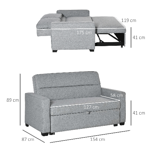 HOMCOM-Divano-Letto-a-1-Piazza-in-Tessuto-Seduta-2-Posti-e-Schienale-a-3-Reclinazioni-154x87x89cm---Grigio