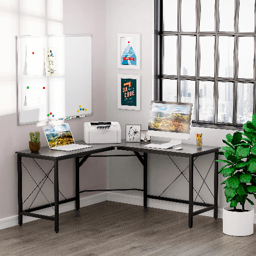 HOMCOM-Scrivania-Spaziosa-Nera-e-Finitura-in-Rovere-Perfetta-Postazione-da-Lavoro-per-Casa-e-Ufficio-a-Forma-di-L-con-Soluzione-Angolare-Finitura-in-Rovere-150x150x76cm-Nera