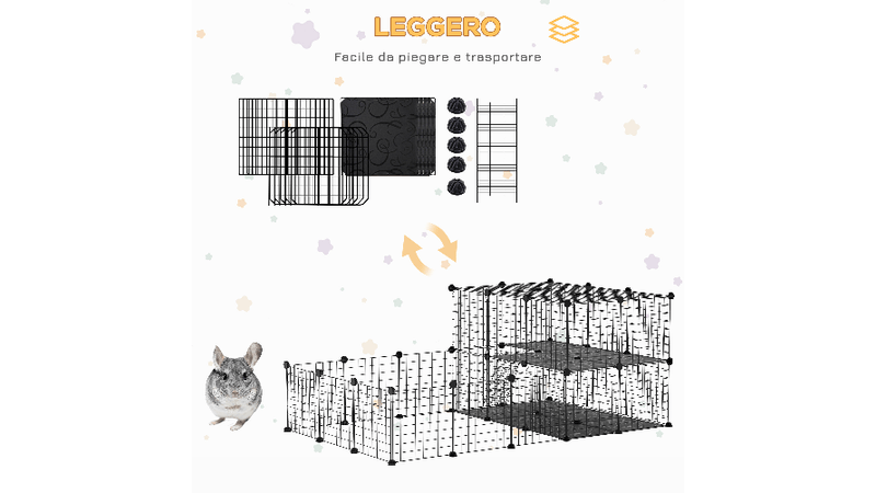 PawHut Recinto per Conigli gabbia per Roditori Modulabile, Box per Animali  con Accessori Montaggio in Metallo, 175x105x70cm, Nero Conigli Modulabile  Metallo