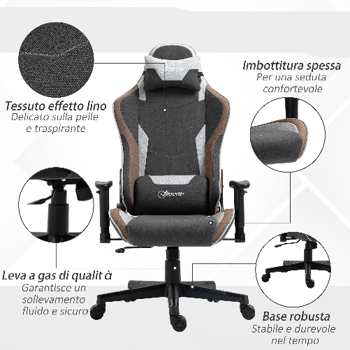 Vinsetto-Sedia-da-Gaming-Reclinabile-a-150°-con-Funzione-Dondolo-Poggiatesta-e-Cuscino-Lombare-Grigio