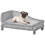 PawHut Chaise Longue Cuccia per Animali Domestici in Vimini con Cuscino Grigio