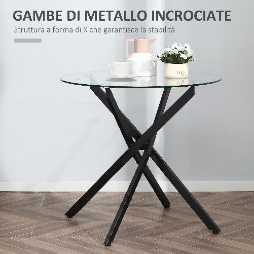 HOMCOM-Tavolo-Rotondo-in-Vetro-e-Gambe-Incrociate-in-Metallo-Ø80x75cm-Nero