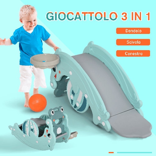 HOMCOM-3-in-1-Cavallo-a-Dondolo-Scivolo-per-Bambini-e-Canestro-Eta-18-36-mesi-per-Casa-e-Giardino-Verde