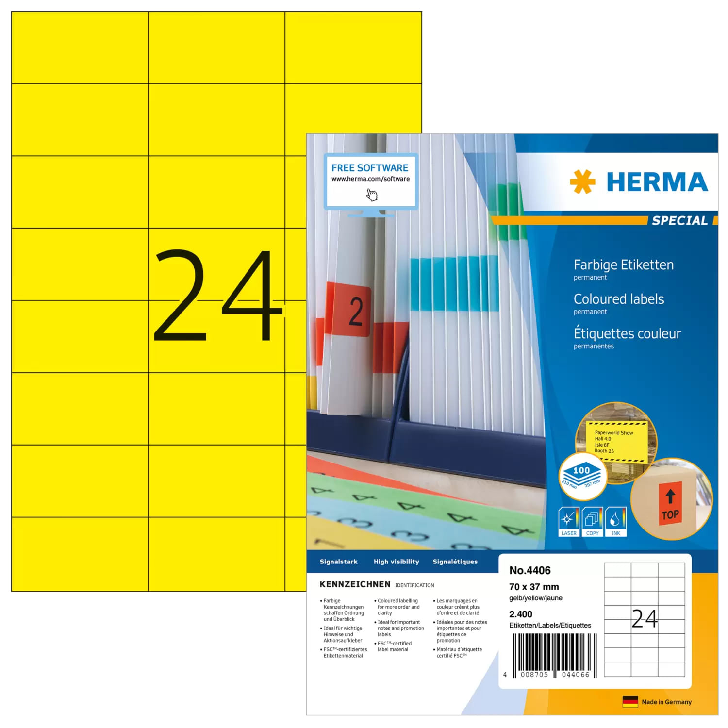 HERMA 4406 etichetta autoadesiva Rettangolo Permanente Giallo 2400 pz