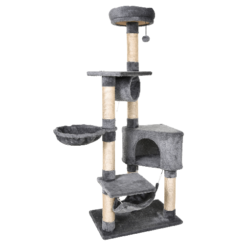 PawHut-Tiragraffi-a-Colonna-per-Gatti-con-Cuccia-Amaca-Lettini-Sospesi-e-Pali-in-Corda-Sisal-Grigio-60x40x154cm