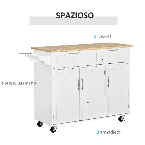 HOMCOM-Carrello-da-Cucina-Multiuso-con-2-Cassetti-3-Antine-e-4-Ruote-in-Legno-e-MDF-121x46x91cm---Bianco