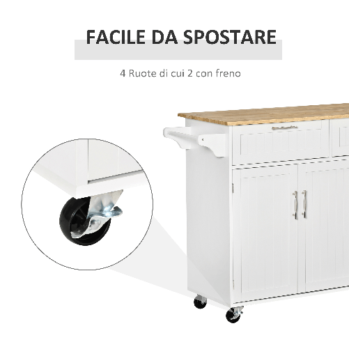 HOMCOM-Carrello-da-Cucina-Multiuso-con-2-Cassetti-3-Antine-e-4-Ruote-in-Legno-e-MDF-121x46x91cm---Bianco