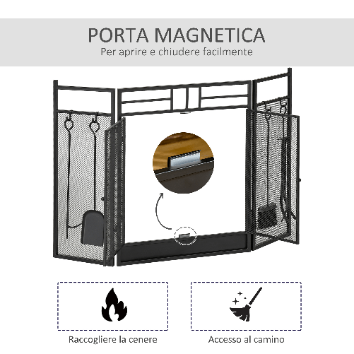 HOMCOM-Parascintille-Camino-Moderno-Parafuoco-Pieghevole-con-2-Porte-in-Metallo---Nero