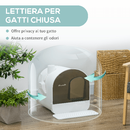 PawHut-Lettiera-per-Gatti-Chiusa-con-Filtri-Paletta-e-Vassoio-Removibile-Struttura-in-PP-43x44x47-cm-Bianca-e-Nera