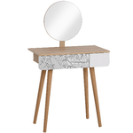 HOMCOM Toeletta Tavolo da Trucco con Specchio Circolare ?39cm, Consolle Trucco con Cassetto con Decorazione Jungle, Bianco e Rovere, 70x39x119-128cm