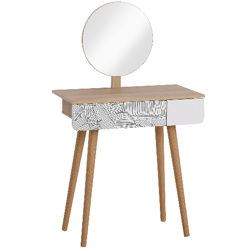 HOMCOM-Toeletta-Tavolo-da-Trucco-con-Specchio-Circolare-Ф39cm-Consolle-Trucco-con-Cassetto-con-Decorazione-Jungle-Bianco-e-Rovere-70x39x119-128cm