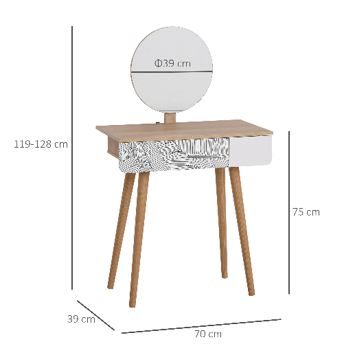 HOMCOM-Toeletta-Tavolo-da-Trucco-con-Specchio-Circolare-Ф39cm-Consolle-Trucco-con-Cassetto-con-Decorazione-Jungle-Bianco-e-Rovere-70x39x119-128cm