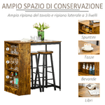 HOMCOM-Set-Bancone-Bar-con-2-Sgabelli-Alti-Stile-Industriale-con-Mensole-Marrone-Rustico