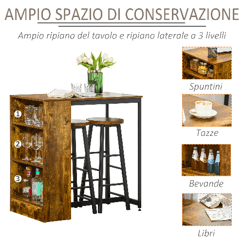 HOMCOM-Set-Bancone-Bar-con-2-Sgabelli-Alti-Stile-Industriale-con-Mensole-Marrone-Rustico