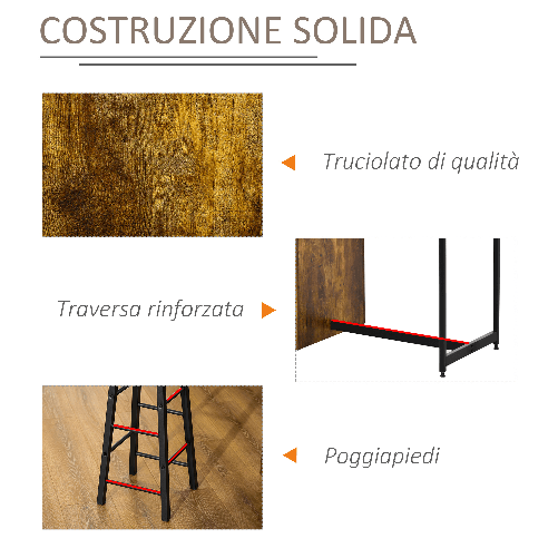 HOMCOM-Set-Bancone-Bar-con-2-Sgabelli-Alti-Stile-Industriale-con-Mensole-Marrone-Rustico