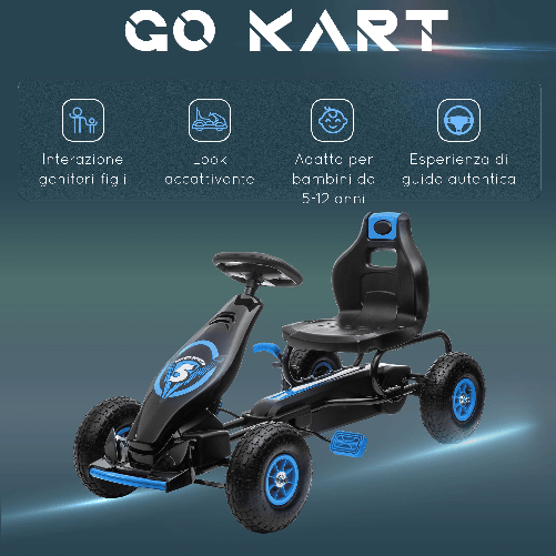 HOMCOM-Go-Kart-a-Pedali-per-Bambini-da-5-12-Anni-con-Sedile-Regolabile-e-Ruote-in-Gonfiabili-Blu