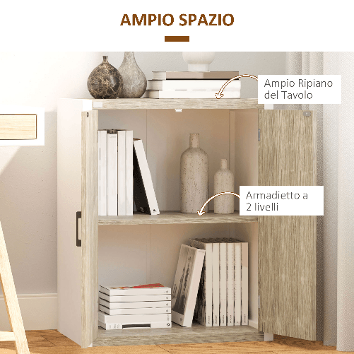 HOMCOM-Mobiletto-Multiuso-2-Ante-con-Mensola-Regolabile-in-MDF-62x40x77cm-Bianco-e-Legno