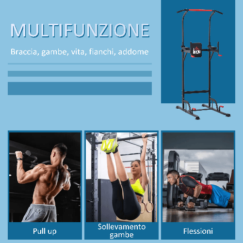 HOMCOM-Barra-per-Trazioni-Power-Tower-Stazione-Fitness-Multifunzione-181-229cm