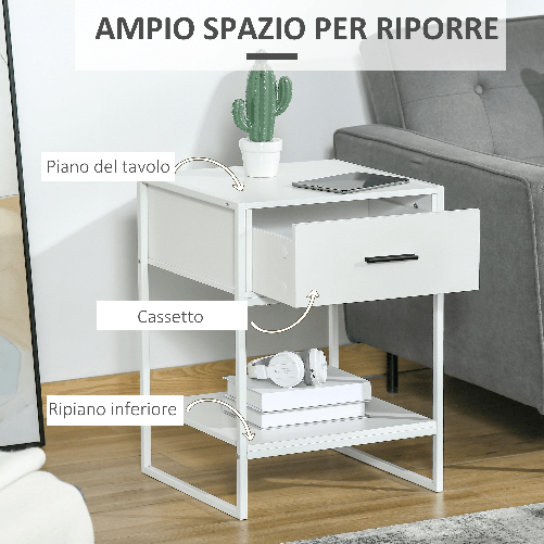 HOMCOM-Comodino-Moderno-con-Cassetto-e-Ripiano-Aperto-Comodino-Camera-da-Letto-Piccolo-in-Truciolato-e-Acciaio-45x40x60cm-Bianco