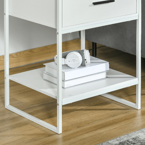 HOMCOM-Comodino-Moderno-con-Cassetto-e-Ripiano-Aperto-Comodino-Camera-da-Letto-Piccolo-in-Truciolato-e-Acciaio-45x40x60cm-Bianco