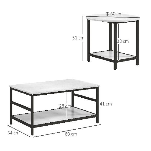 HOMCOM-Set-2-Tavolini-da-Caffe-a-2-Livelli-in-Truciolato-e-Acciaio-con-Piano-d-Appoggio-Effetto-Marmo-Bianco-e-Nero