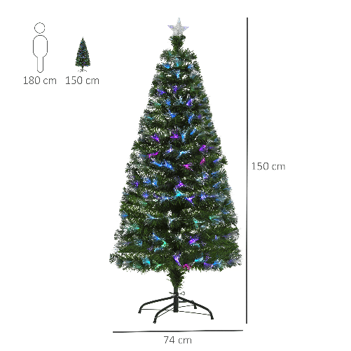 HOMCOM-Albero-di-Natale-150cm-con-180-Luci-a-LED-e-Fibre-Ottiche-Colorate-180-Rami-in-PVC-Ignifughi-e-Base-in-Metallo