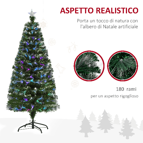 HOMCOM-Albero-di-Natale-150cm-con-180-Luci-a-LED-e-Fibre-Ottiche-Colorate-180-Rami-in-PVC-Ignifughi-e-Base-in-Metallo