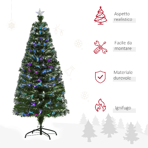 HOMCOM-Albero-di-Natale-150cm-con-180-Luci-a-LED-e-Fibre-Ottiche-Colorate-180-Rami-in-PVC-Ignifughi-e-Base-in-Metallo