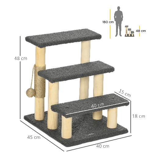 PawHut-Tiragraffi-Scaletta-per-Gatti-a-3-Livelli-Pali-in-Juta-e-Pallina-45x40x48cm-Grigio