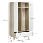 HOMCOM-Armadio-2-Ante-in-Legno-con-4-Vani-2-Cassetti-e-Appendiabiti-Color-Legno-e-Bianco-90x50x190cm