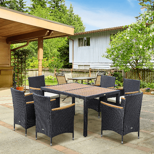 Outsunny-Set-Tavolo-e-Sedie-da-Giardino-7-Pezzi-in-PE-Rattan-e-Legno-con-Cuscini-Morbidi-Nero