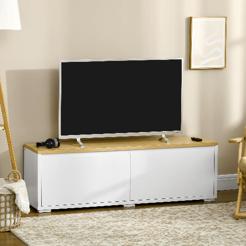 HOMCOM-Mobile-Porta-TV-fino-a-65--con-Armadietti-e-Ante-a-Ribalta-in-Truciolato-140x37x45cm-Bianco-e-Color-legno
