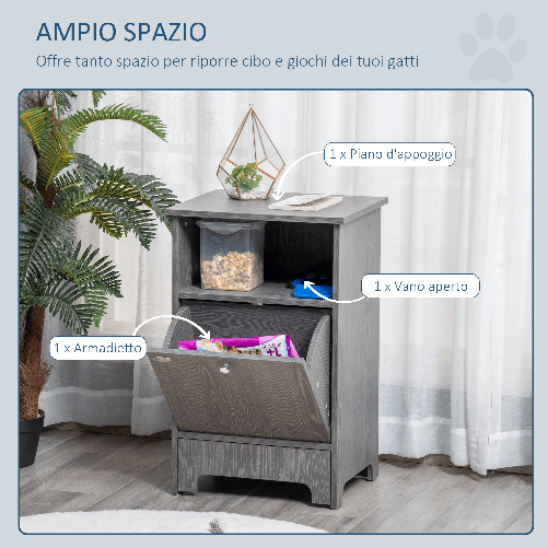 PawHut-Mobile-Multiuso-con-Ciotole-per-Cani-e-Gatti-in-Acciaio-Mobiletto-in-Legno-con-Anta-e-Vano-Aperto---Grigio