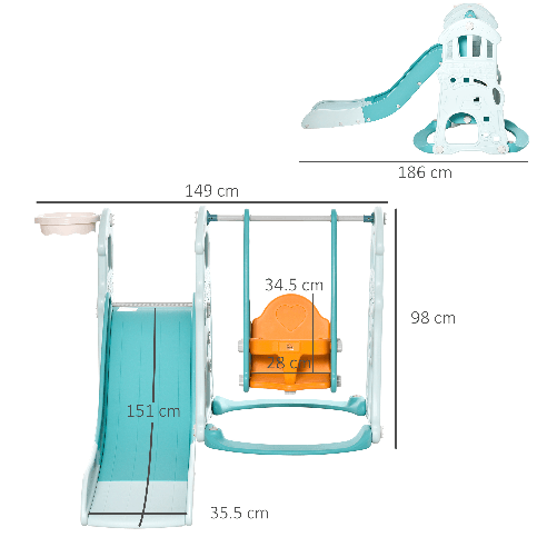 HOMCOM-Scivolo-per-Bambini-con-Altalena-Regolabile-Canestro-e-Palle-per-Cameretta-e-Giardino-149x186x98cm-Blu-e-Arancione