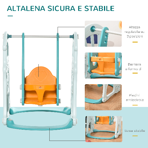 HOMCOM-Scivolo-per-Bambini-con-Altalena-Regolabile-Canestro-e-Palle-per-Cameretta-e-Giardino-149x186x98cm-Blu-e-Arancione