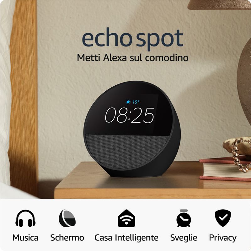 Amazon-Nuovo-Echo-Spot--modello-2024--|-Sveglia-intelligente-con-suono-di-qualita-e-Alexa-|-Nero