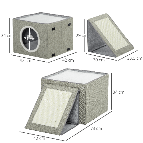 PawHut-Cuccia-per-Gatti-Pieghevole-e-Portatile-Casetta-per-Gatti-con-Pannello-Tiragraffi-2-Cuscini-e-Pallina-in-Peluche-e-Tessuto-Grigio