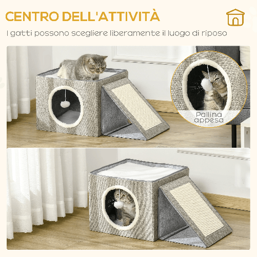 PawHut-Cuccia-per-Gatti-Pieghevole-e-Portatile-Casetta-per-Gatti-con-Pannello-Tiragraffi-2-Cuscini-e-Pallina-in-Peluche-e-Tessuto-Grigio